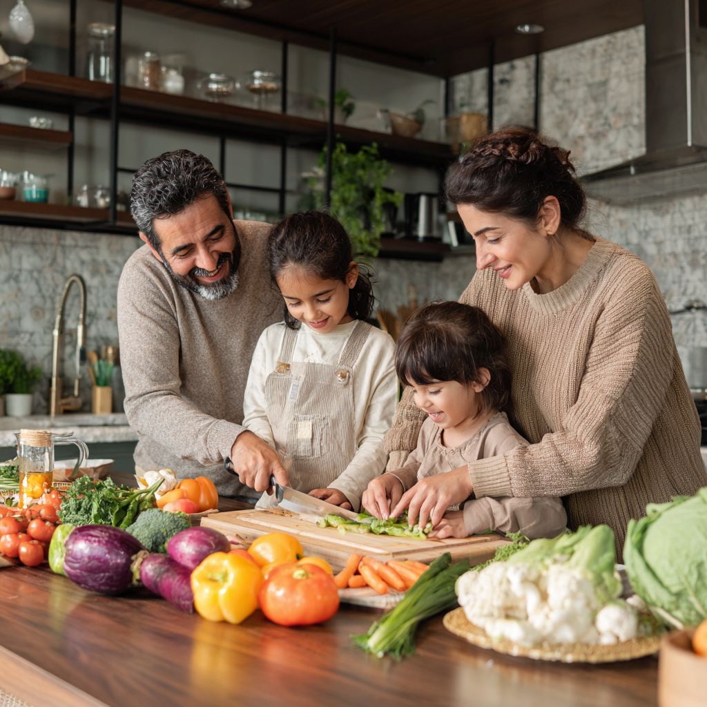 Smiling Uzbek family preparing healthy meal together in modern kitchen, showing fresh vegetables and planning notebook